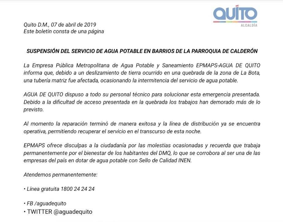 Boletín Oficial EPMAPS (Parroquia Calderón)