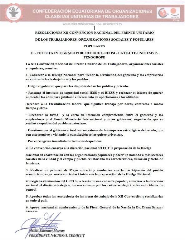 Sindicatos anuncian que preparan huelga nacional