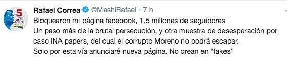 La respuesta de Rafael Correa al bloqueo de su Facebook