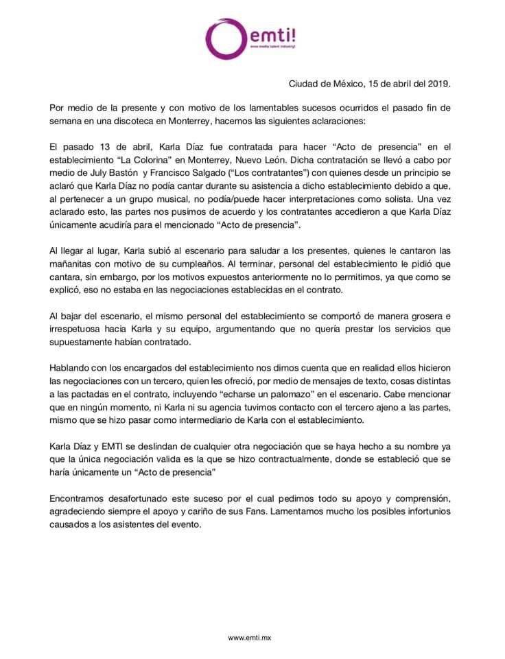 Comunicado Karla Díaz