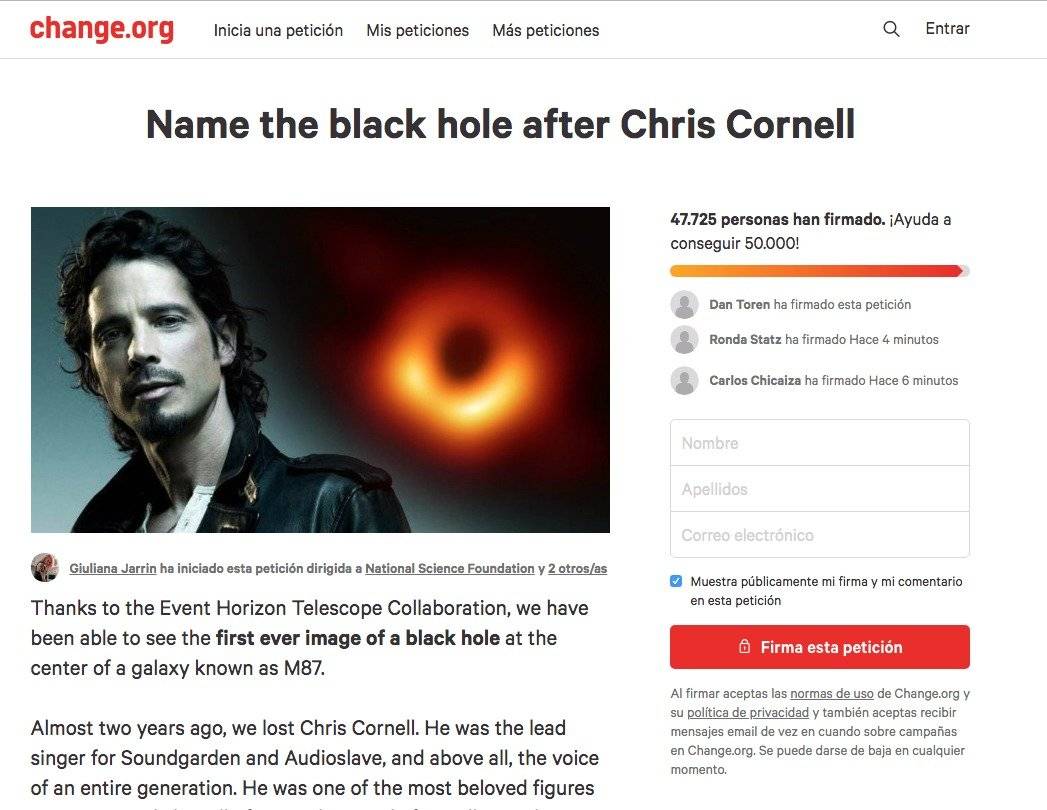 Ecuatoriana hizo petición para que primer agujero negro detectado se llame Chris Cornell
