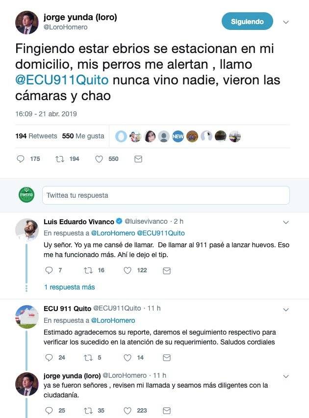 Queja de Jorge Yunda en Twitter