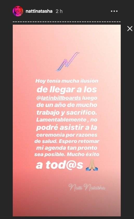 Natti Natasha no asiste a los premios Billboard por problemas de salud