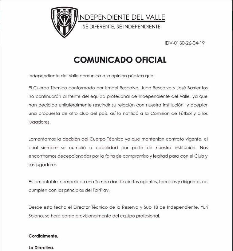 Ismael Rescalvo deja de ser técnico de Independiente del Valle