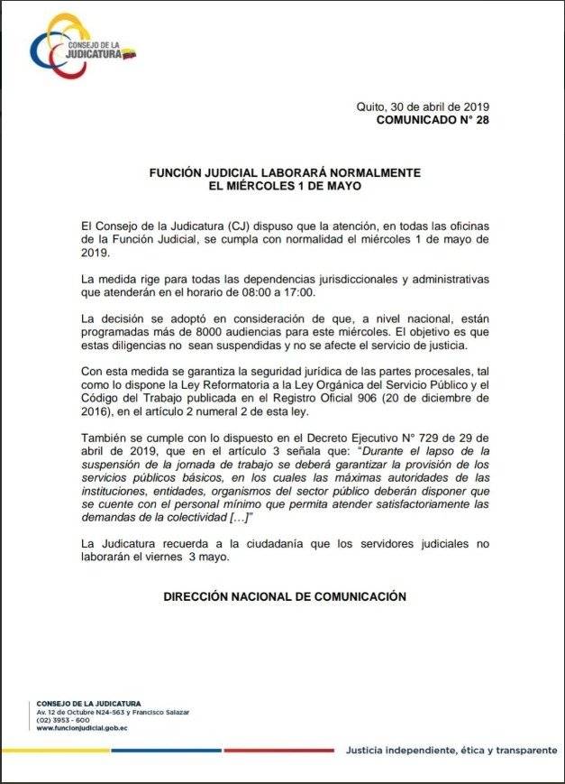 Función Judicial laborará normalmente este 1 de mayo para no perjudicar las 8.000 audiencias