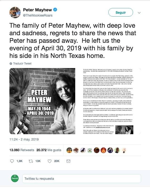 Muere Peter Mayhew, quien dio vida Chewbacca en Star Wars