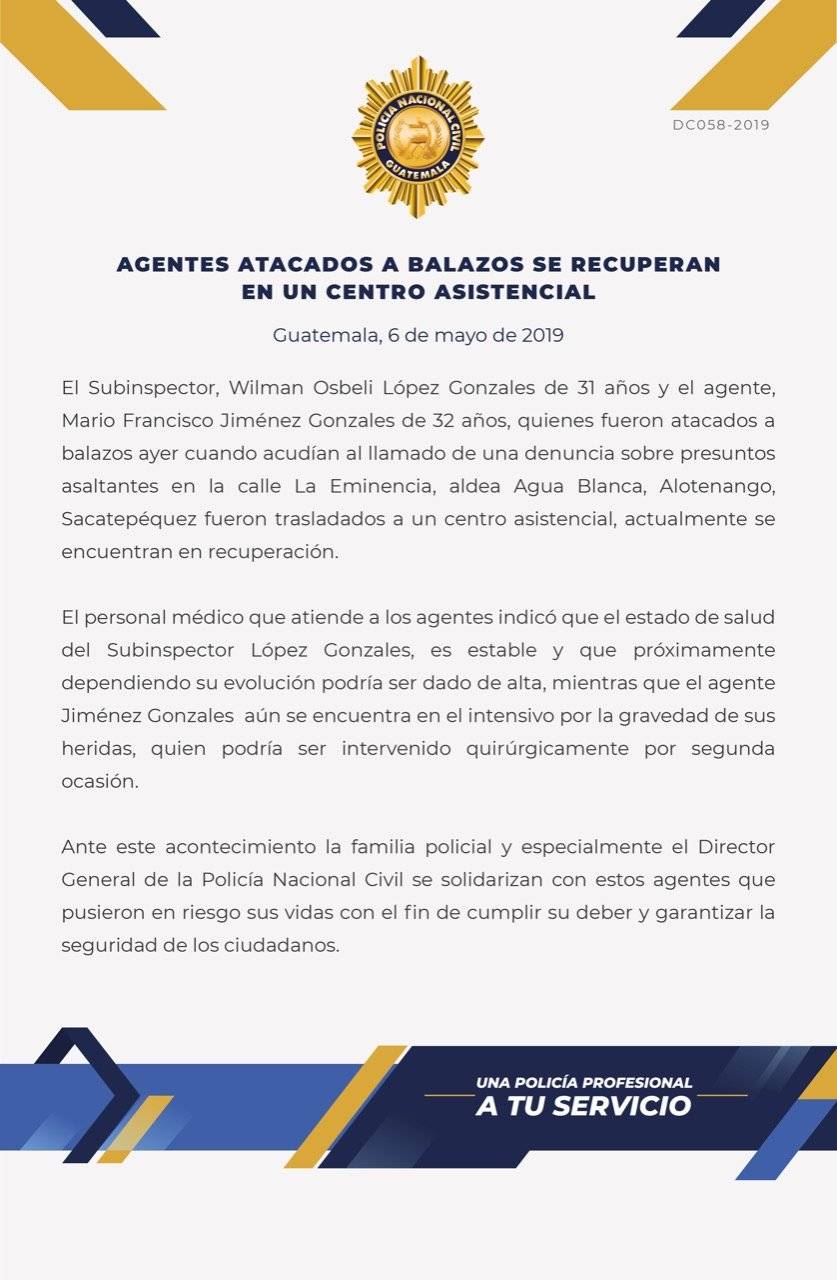 Policía herido en Alotenango podría ser intervenido quirúrgicamente por segunda ocasión