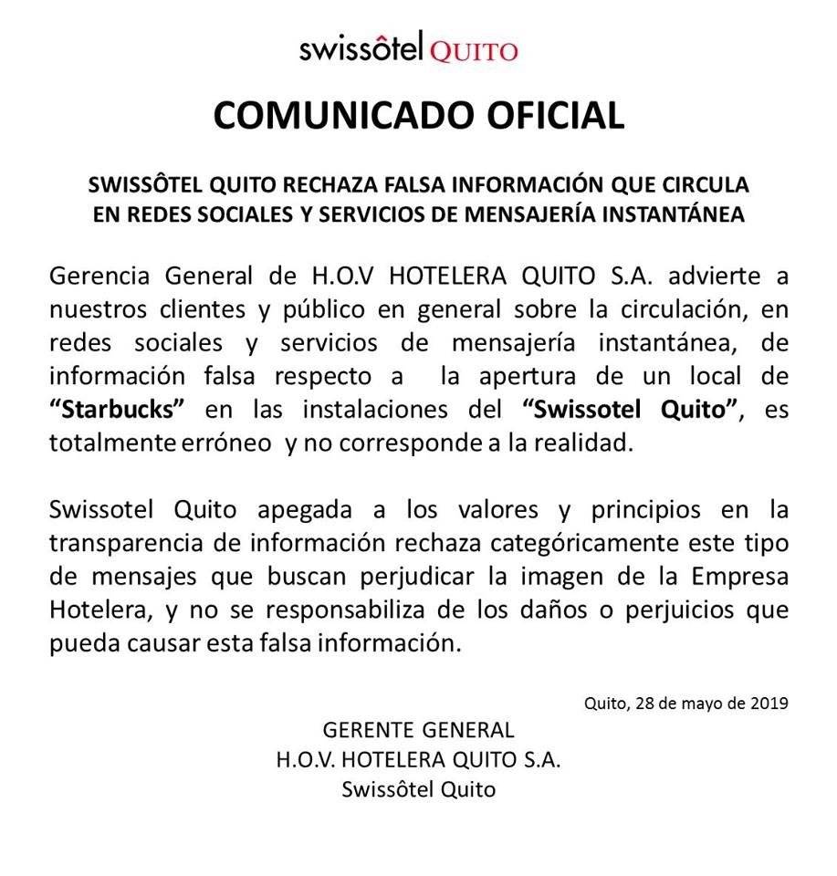 Comunicado Swissôtel Quito
