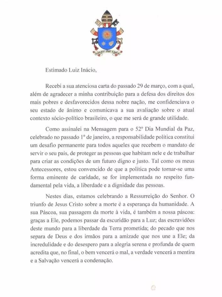 carta do papa a Lula