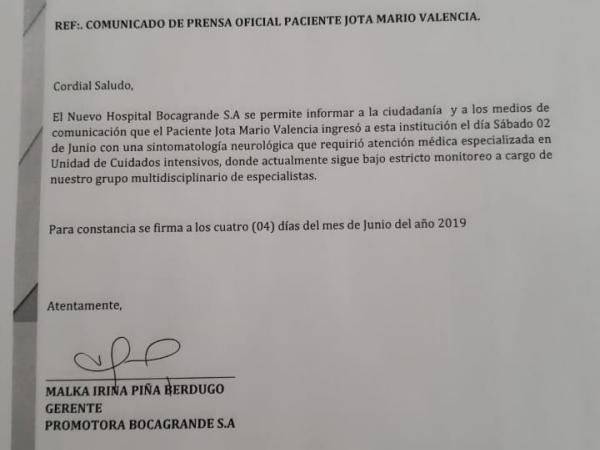 Comunicado salud Jota Mario Valencia
