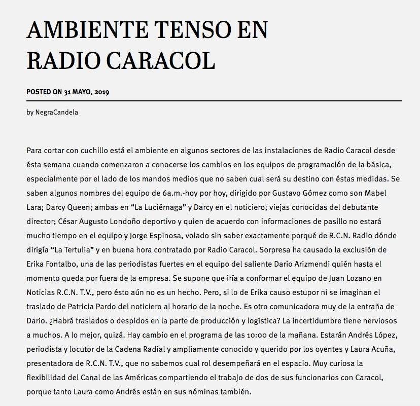 Captura de pantalla página web La Negra Candela
