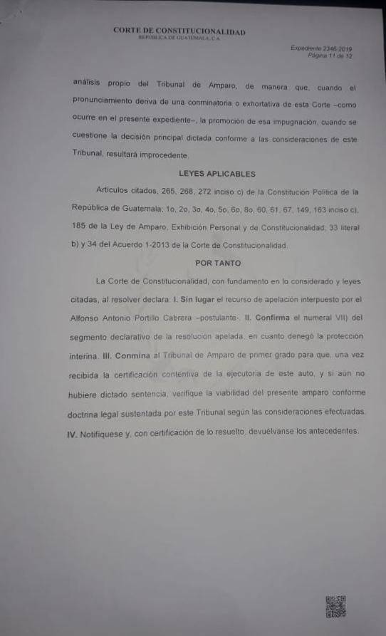 Oficio sobre resolución del candidato Alfonso Portillo
