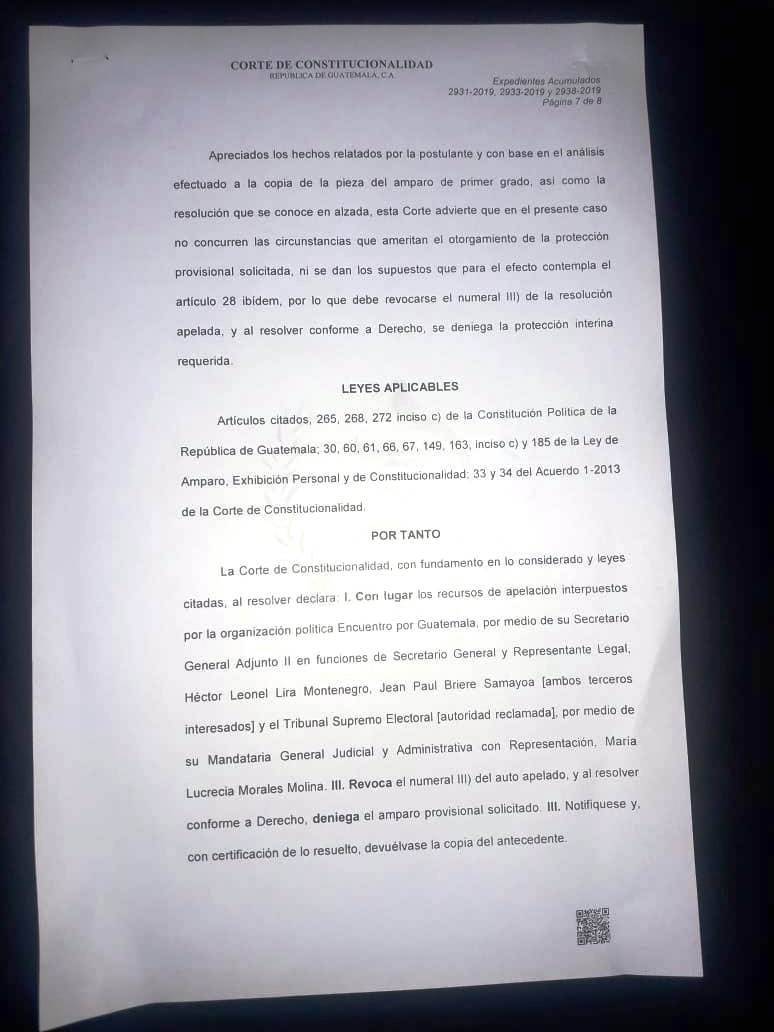Oficio de la CC sobre resolución para candidato Jean Paul Briere