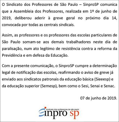 Comunicado SinproSP greve geral dia 14 de junho de 2019