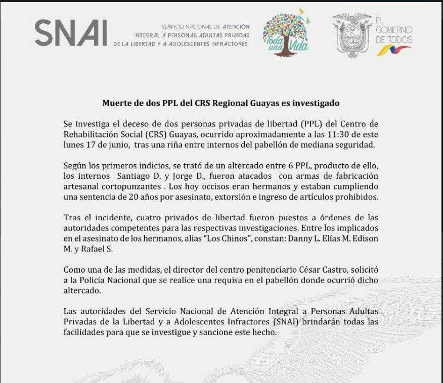 Cuatro reclusos involucrados por la muerte de dos privados de libertad en la Penitenciaría de Guayaquil