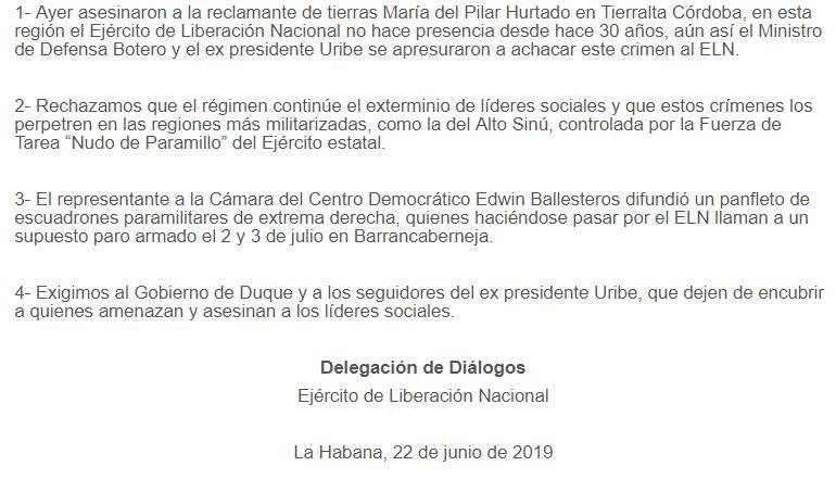 Captura de pantalla // Comunicado eln-paz.org