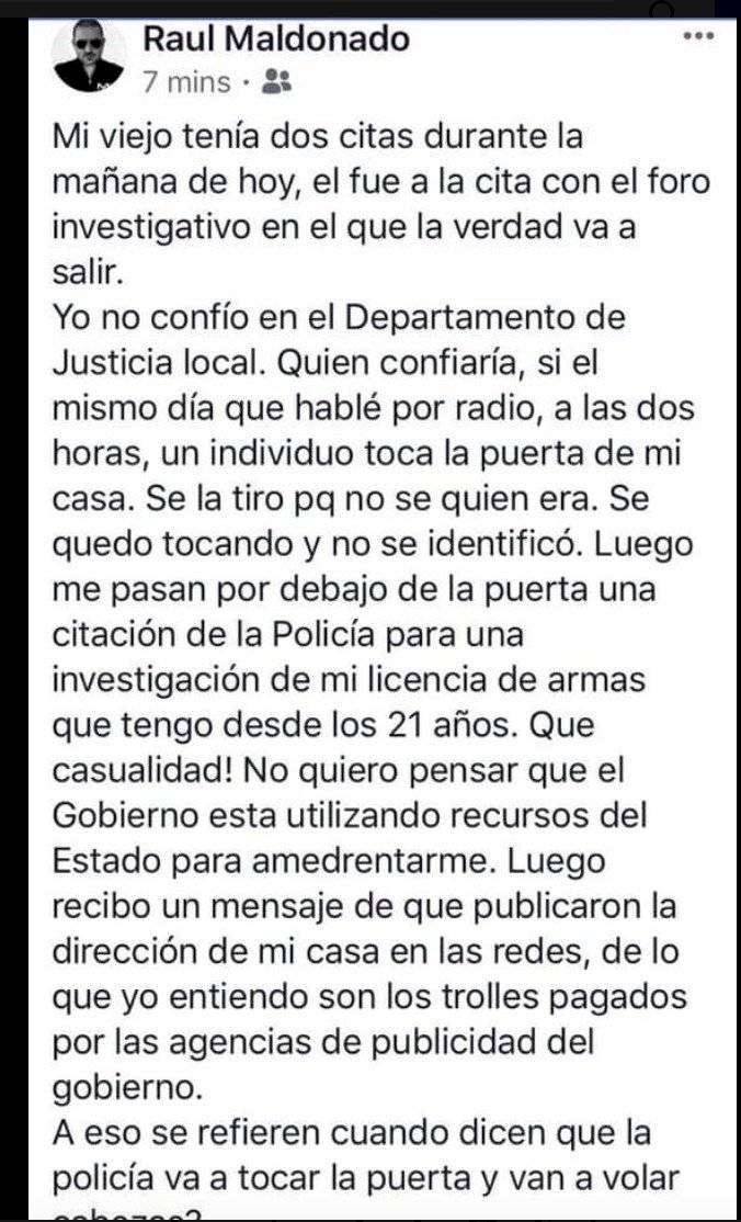 mensaje de Raulie Maldonado en Facebook