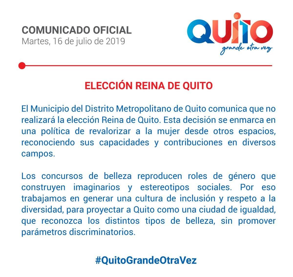 Municipio sobre la elección Reina de Quito