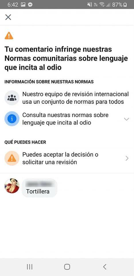 Prohibición de la palabra tortillera en Facebook
