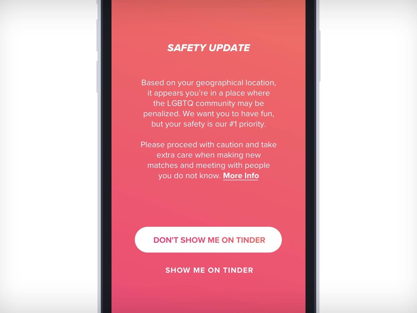 Tinder ofrecerá una nueva función de seguridad que advierte a usuarios LGBTQ cuando estén en países hostiles Tinder ofrecerá una nueva función de seguridad que advierte a usuarios LGBTQ cuando estén en países hostiles