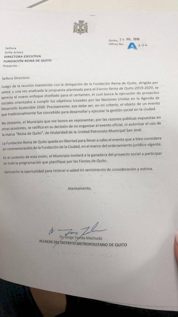 Carta del Municipio para la Fundación Reina de Quito