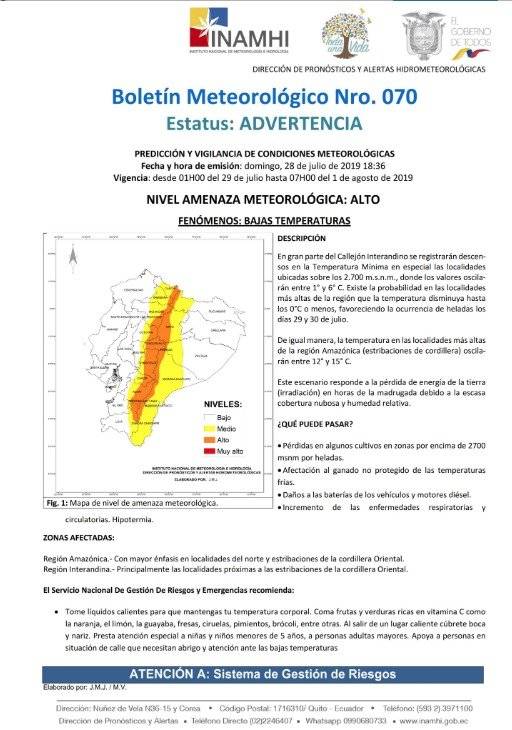 Heladas: Qué pasará por los niveles bajos de temperatura en Ecuador