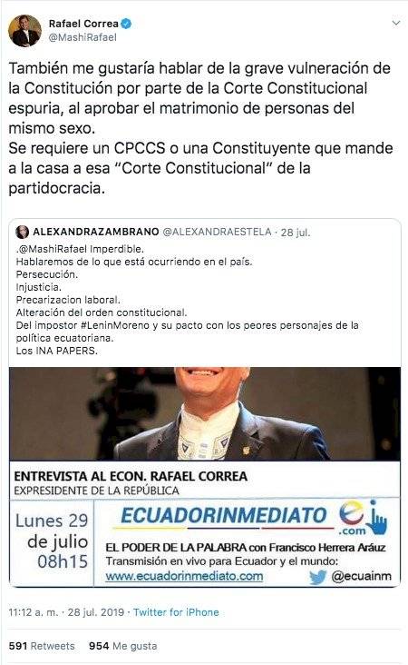 Tuit de Rafael Correa