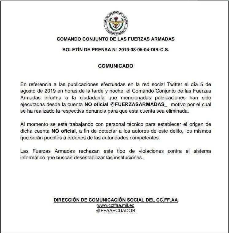 Comunicado de Fuerzas Armadas ante hackeo
