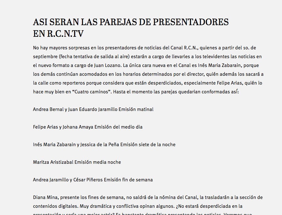 Captura de pantalla página web La Negra Candela