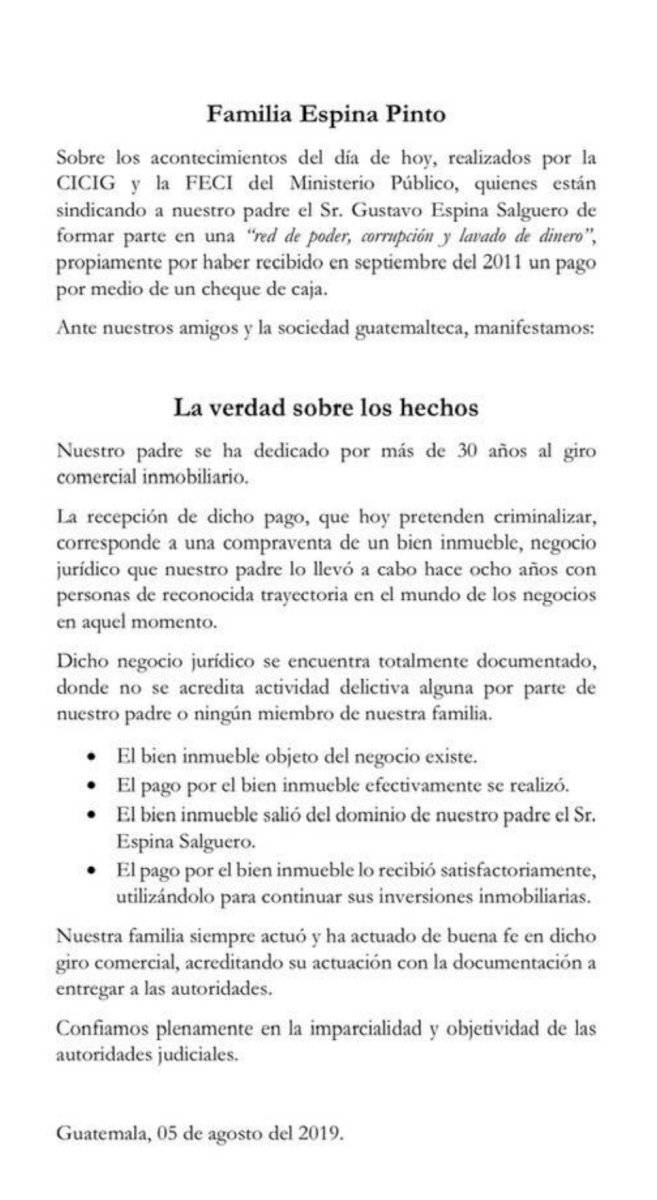 Comunicado de la familia Espina Pinto