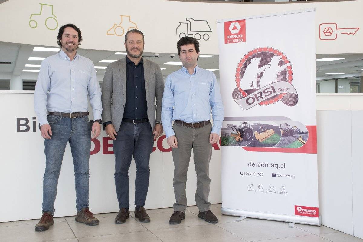 José Pablo Molina, product manager Dercomaq Orsi; Alex Carini, sales manager Orsi América y Jorge Irarrázaval, gerente agrícola Dercomaq.