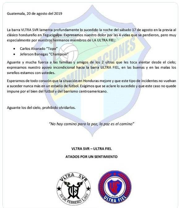 Ultra Sur emotivo mensaje aficionados fallecidos clásico Olimpia-Motagua