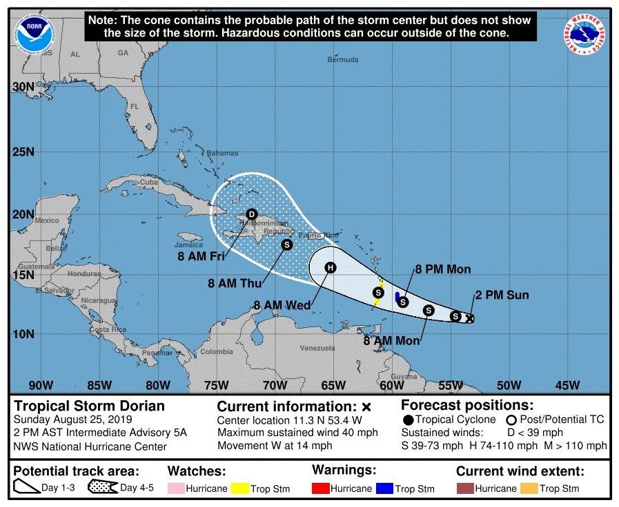 Tormenta tropical Dorian - 2pm - 25 de agosto