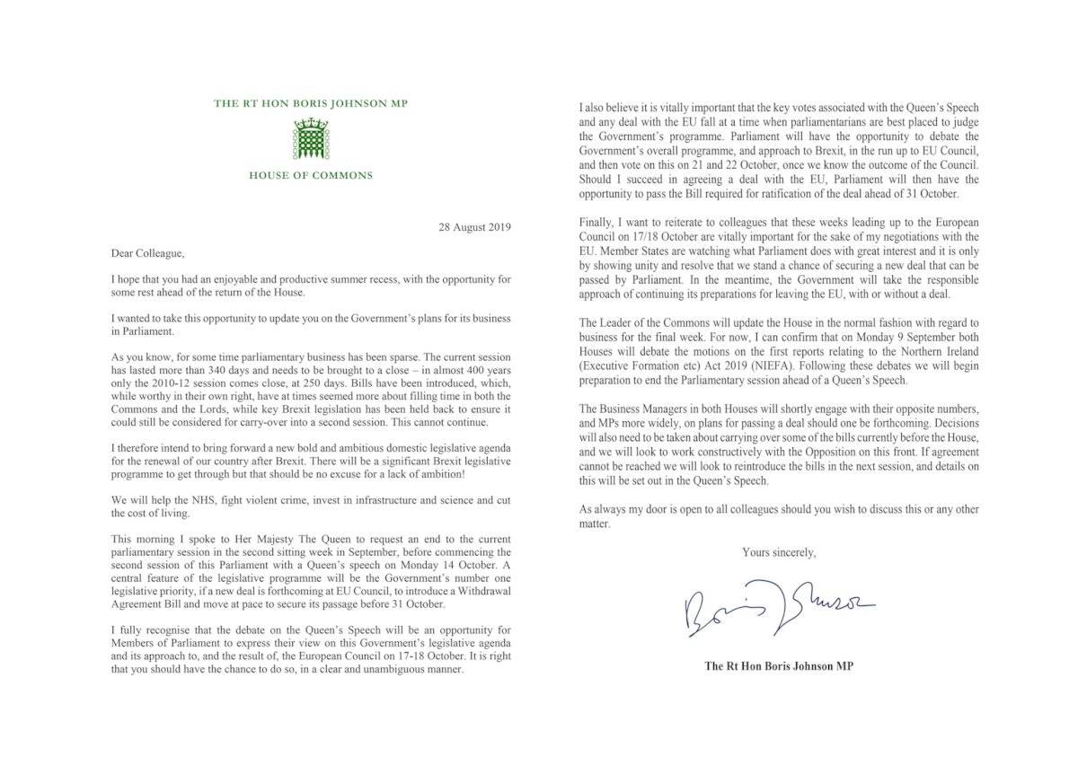 Carta de Boris Johnson al resto de parlamentarios