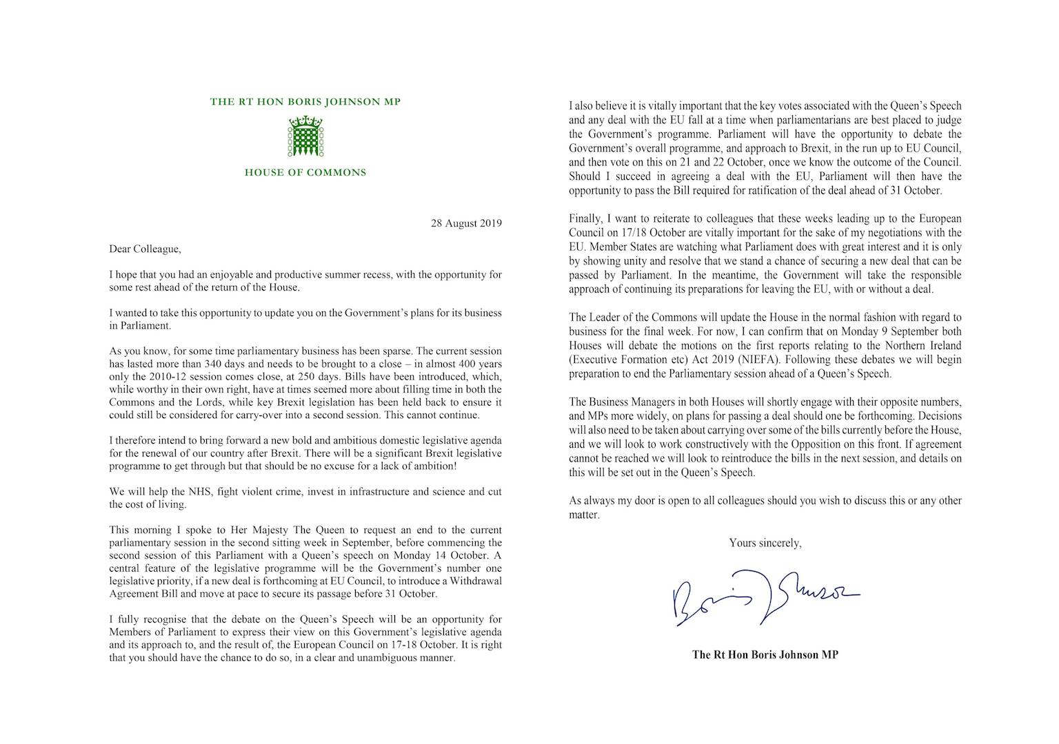 Carta de Boris Johnson al resto de parlamentarios Carta de Boris Johnson al resto de parlamentarios