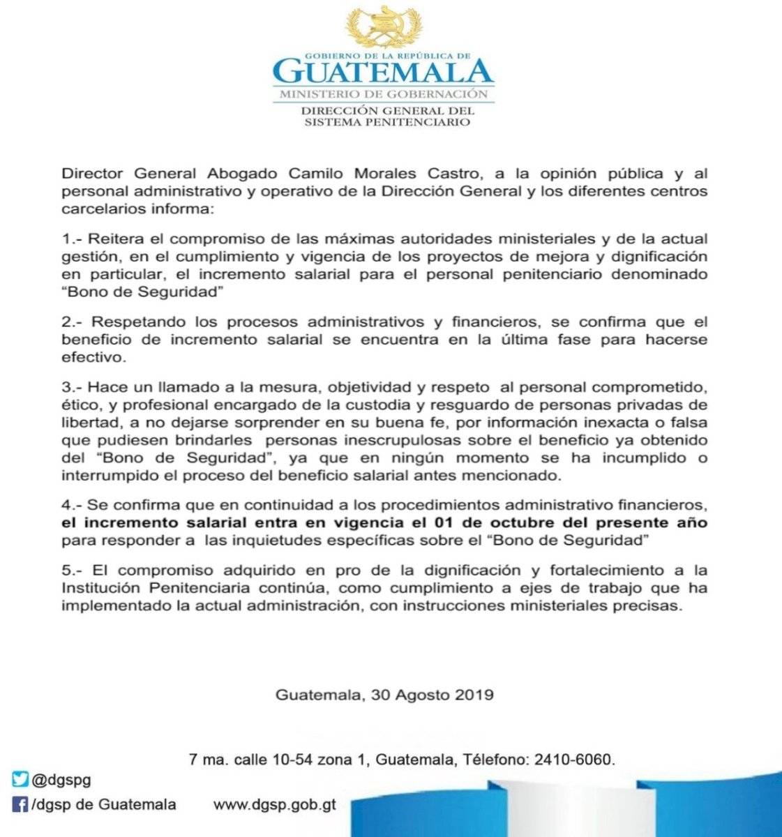 Gobernación no ha solicitado recursos para incremento que prometió a guardias de presidios