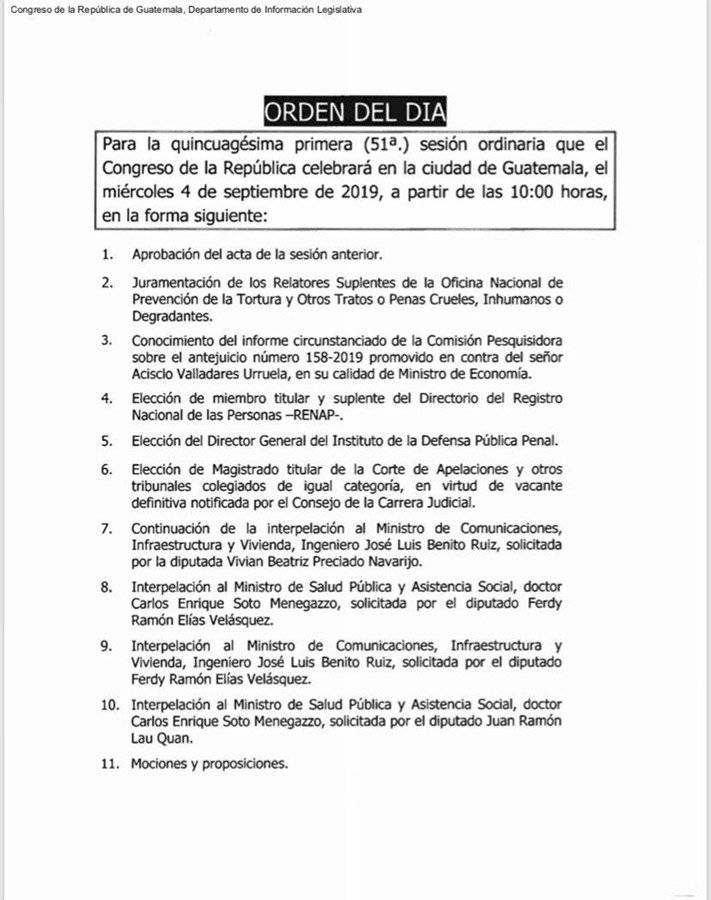 Orden del día de sesión ordinaria en el Congreso del miércoles 4 de septiembre
