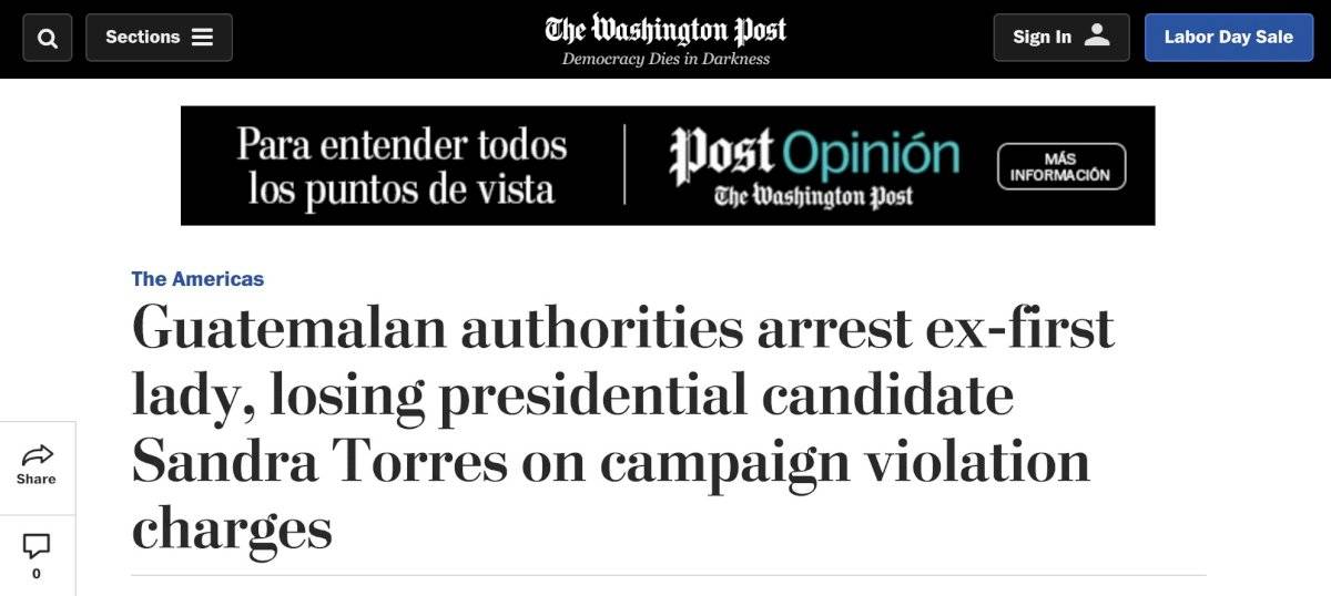 Nota del Washington Post sobre captura de Sandra Torres