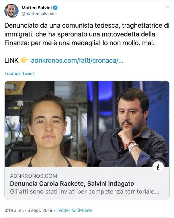 Publicación de Matteo Salvini en redes sociales
