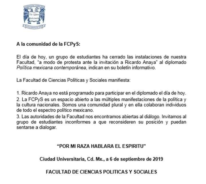 Comunicado desmintiendo la participación de Ricardo Anaya, ex candidato presidencial