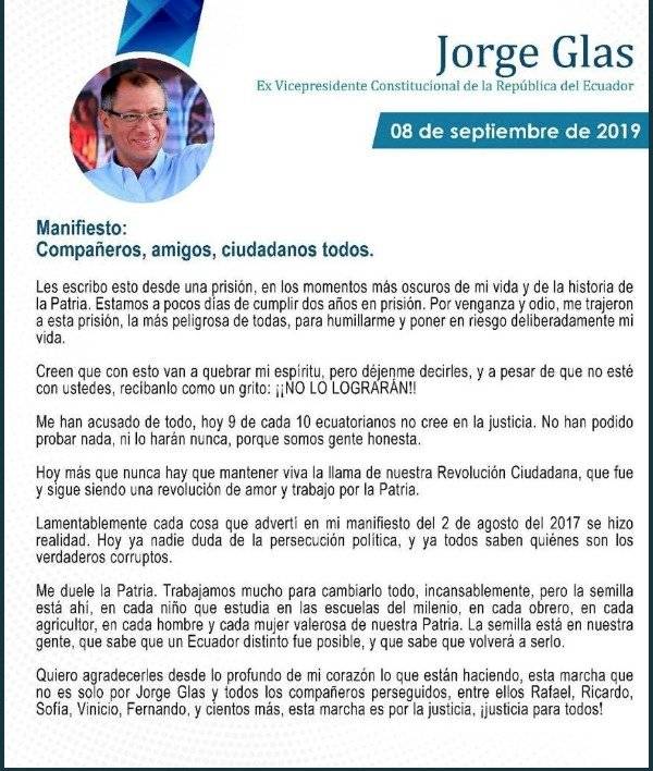 Jorge Glas, comunicado
