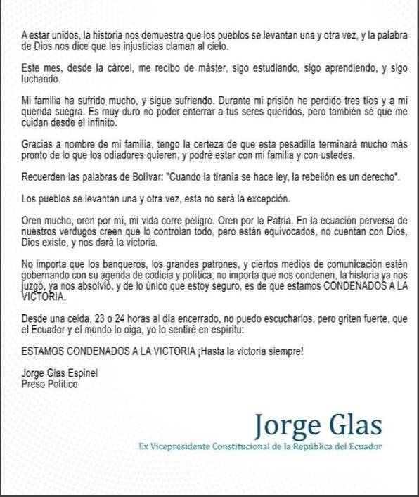 Jorge Glas, comunicado