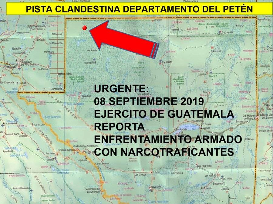Mapa de pista clandestina en Laguna del Tigre, Petén