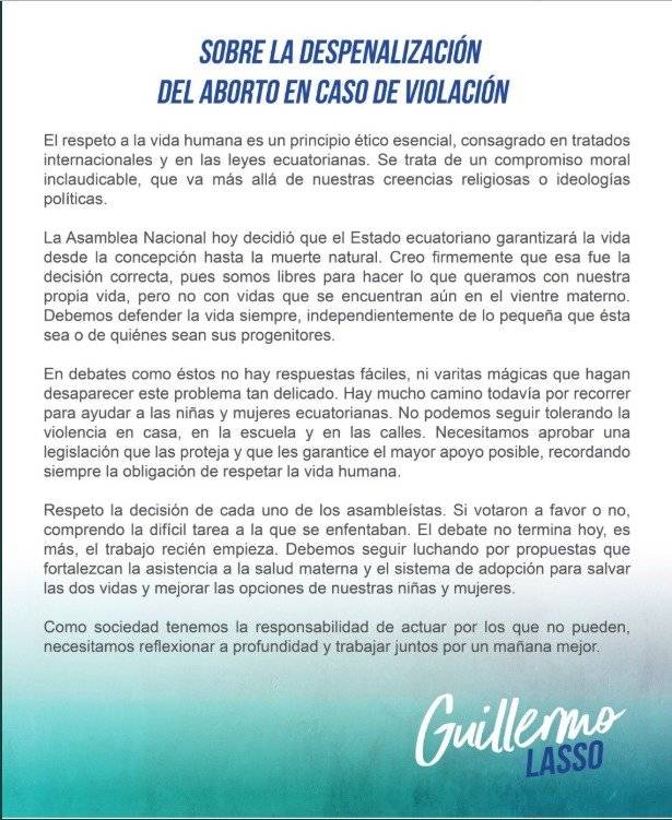 Comunicado de Guillermo Lasso