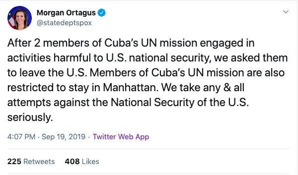 Tweet de Morgan Ortagus sobre expulsión misión cubana