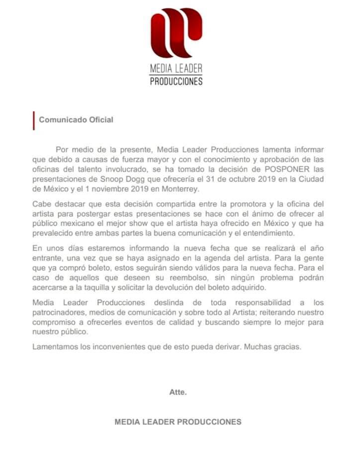 Comunicado de Prensa Media Leader Producciones