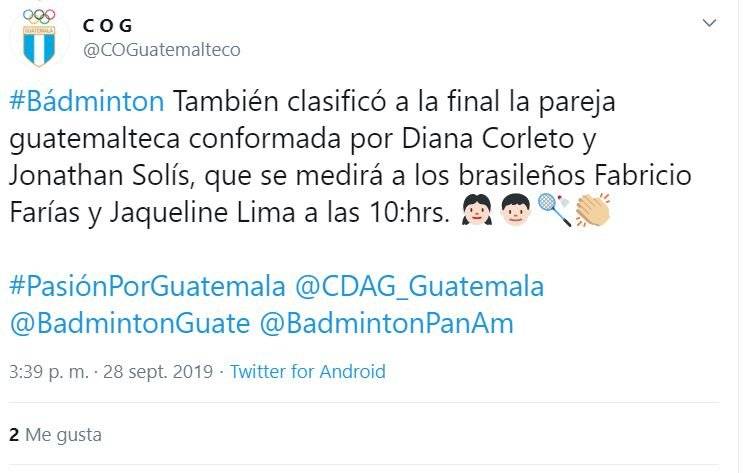 Diana Corleto y Jonathan Solís avanzaron a la final de dobles mixtos