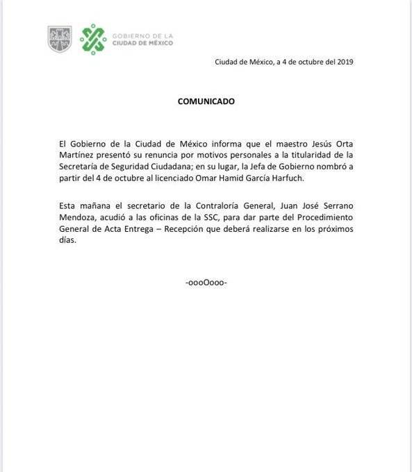 Comunicado sobre la renuncia de Jesús Orta