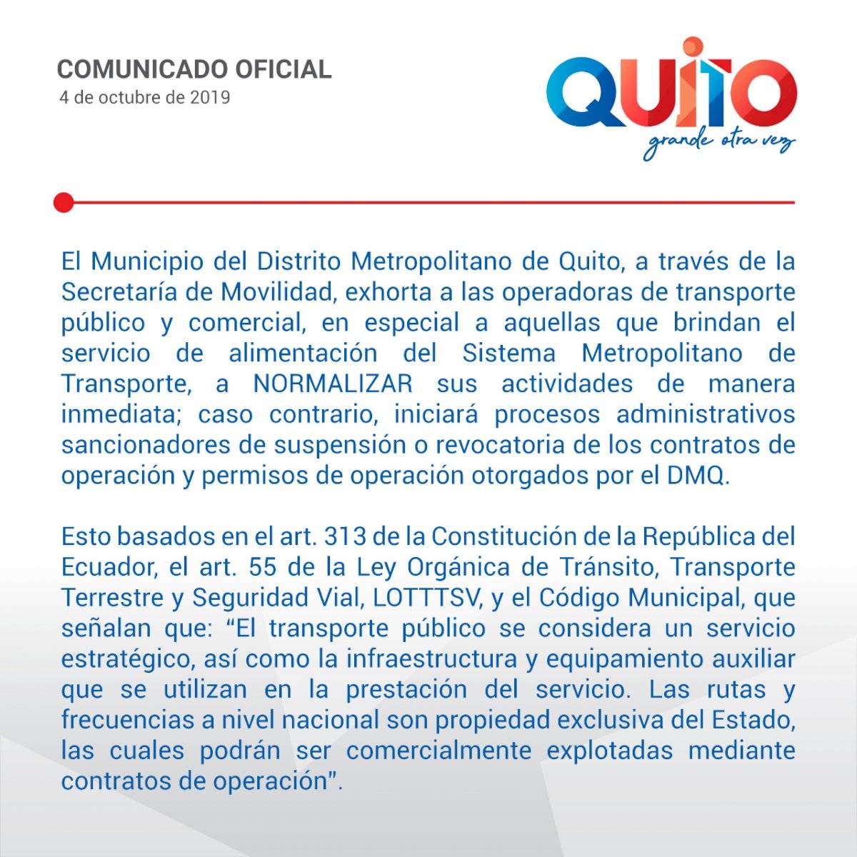 Municipio de Quito exhorta a los alimentadores del transporte metropolitano que normalicen sus actividades