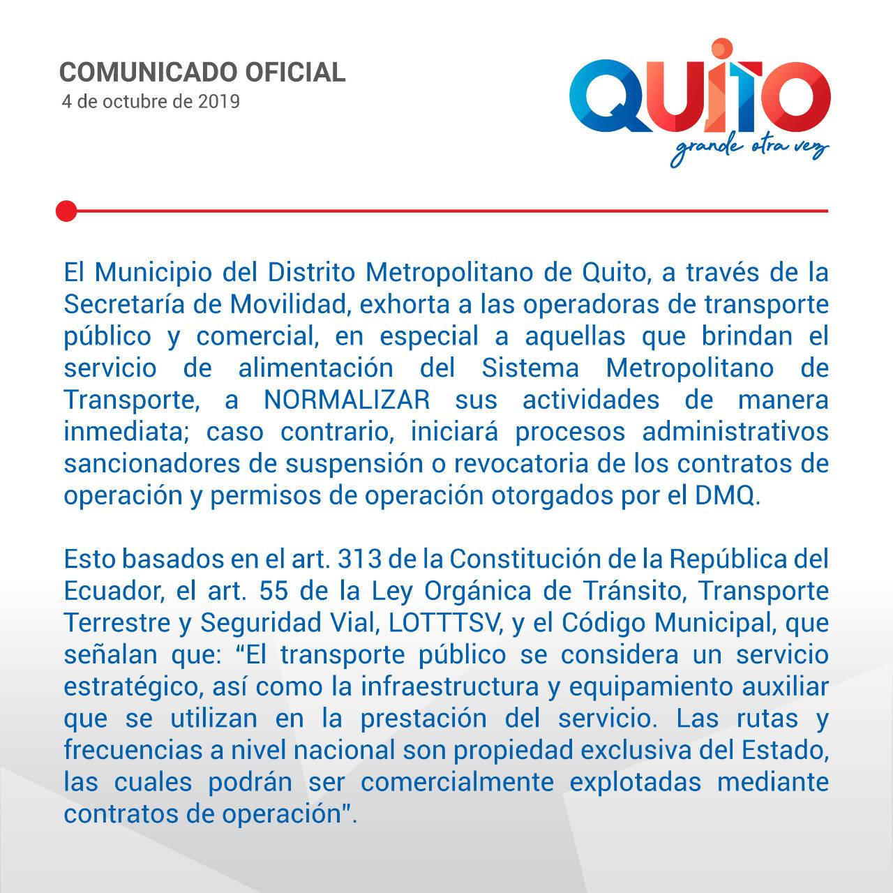 Municipio de Quito exhorta a los alimentadores del transporte metropolitano que normalicen sus actividades
